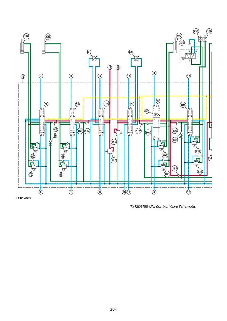 May include: A detailed schematic diagram of a control valve system, with blue, green, and red lines. The diagram includes numbered components and the text "TX1204188-UN: Control Valve Schematic".