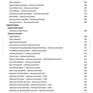 May include: A page from a manual with a list of automotive repair procedures, including brake, steering, and hydraulic system components. The text is black on a white background, with section titles and page numbers.