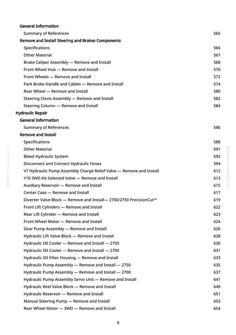 May include: A page from a manual with a list of automotive repair procedures, including brake, steering, and hydraulic system components. The text is black on a white background, with section titles and page numbers.