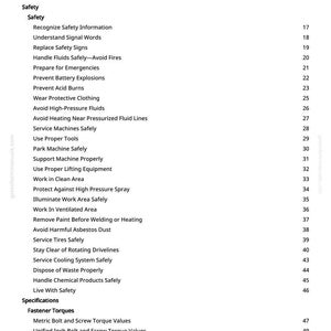 May include: A white page with a table of contents from a manual. The title "Table of Contents" is at the top. The table lists safety topics, including "Handle Fluids Safely" and "Prevent Battery Explosions."
