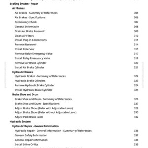 Może przedstawiać: Strona z instrukcji greenfarmmanuals.com, zawierająca procedury naprawy i konserwacji układ&oacute;w hamulcowych i hydraulicznych prasy. Zawiera sekcje dotyczące hamulc&oacute;w pneumatycznych, hamulc&oacute;w hydraulicznych i szczęk hamulcowych.
