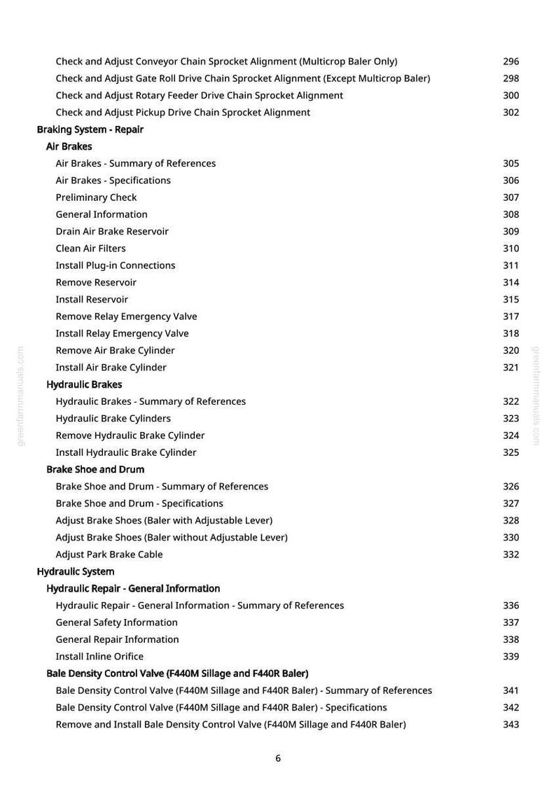 Może przedstawiać: Strona z instrukcji greenfarmmanuals.com, zawierająca procedury naprawy i konserwacji układ&oacute;w hamulcowych i hydraulicznych prasy. Zawiera sekcje dotyczące hamulc&oacute;w pneumatycznych, hamulc&oacute;w hydraulicznych i szczęk hamulcowych.