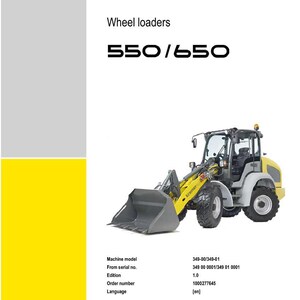 May include: A service manual for wheel loaders, model 550/650, featuring a yellow and gray wheel loader. The manual includes the Kramer Allrad logo and technical specifications.