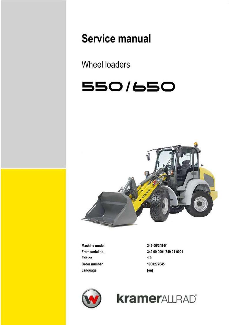 May include: A service manual for wheel loaders, model 550/650, featuring a yellow and gray wheel loader. The manual includes the Kramer Allrad logo and technical specifications.