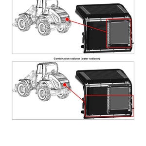 May include: Diagram showing the installation position of hydraulics, including an air-conditioning condenser and a combination radiator. The image includes a schematic of a tractor and the components. Text includes "19 Installation position" and "KRAMER on the safe side."