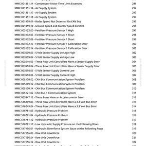 May include: A document page with a list of error codes and descriptions, including CAN Bus, Air Supply, and Hydraulic Pressure problems. The document is from greentractorsmanuals.com and includes page numbers.