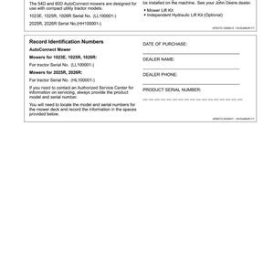 May include: A product identification sheet with the title "Product Identification". The sheet lists product compatibility for AutoConnect mowers, including model and serial numbers. It also includes spaces to record purchase details.