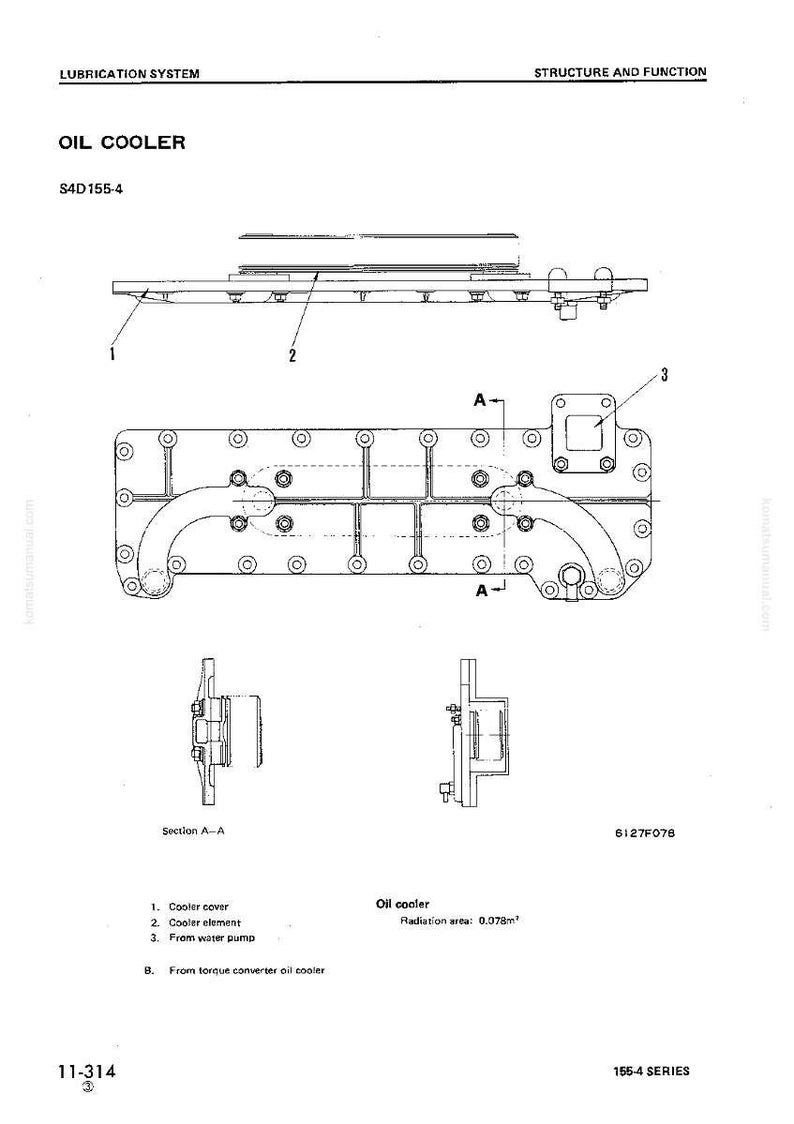May include: Diagram of an oil cooler, labeled "S4D155-4," with detailed views of its components. Includes a cooler cover, cooler element, and water pump. The radiation area is 0.078m&sup2;.