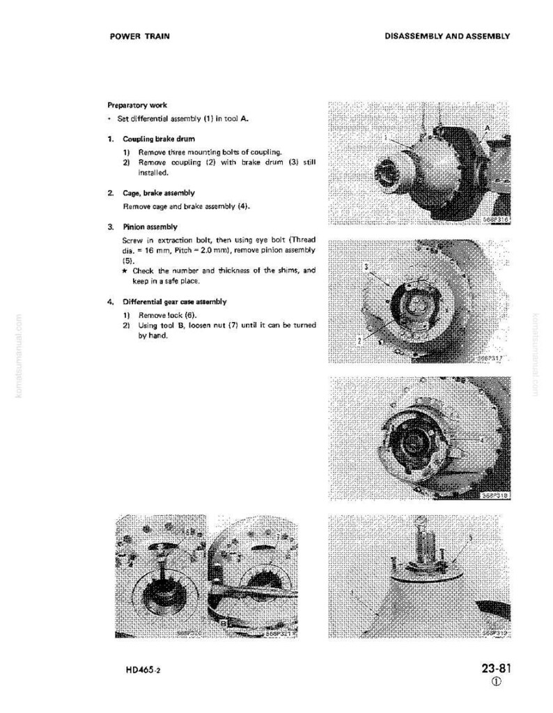 以下が含まれることがあります： 「POWER TRAIN DISASSEMBLY AND ASSEMBLY」と題された技術図。画像には、カップリングブレーキドラム、ケージ、ピニオンアセンブリ、ディファレンシャルギアケースアセンブリなど、機械部品の詳細なイラストが掲載されています。テキストの説明が図に添えられています。