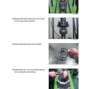 May include: Image showing the disassembly of a drive shaft sub-assembly. The steps include separating the assembly from the casing, disassembling taper bearings and oil seals with a press machine, and removing sleeves and O-rings. The image also shows the use of a jig.
