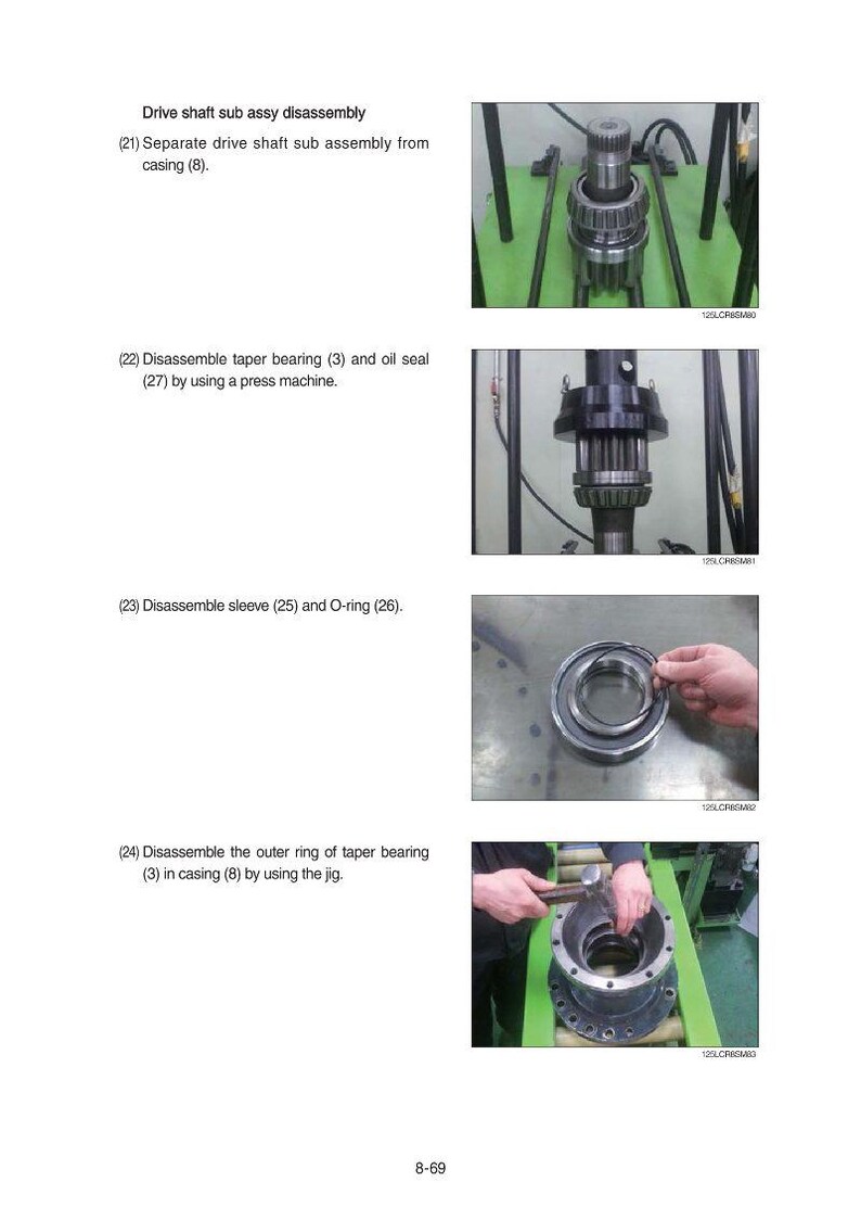 May include: Image showing the disassembly of a drive shaft sub-assembly. The steps include separating the assembly from the casing, disassembling taper bearings and oil seals with a press machine, and removing sleeves and O-rings. The image also shows the use of a jig.