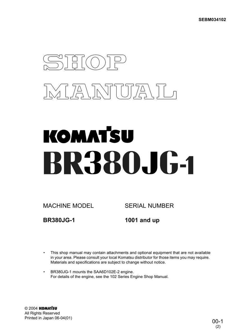 Puede incluir: Un manual de taller blanco con el texto "SHOP MANUAL" en la parte superior. Se muestra el logotipo de Komatsu, seguido de "BR380JG-1". Tambi&eacute;n se enumeran el modelo de m&aacute;quina y el n&uacute;mero de serie. El manual est&aacute; impreso en Jap&oacute;n.