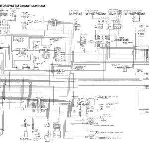 以下が含まれることがあります： 白黒で描かれた、機械監視システムの回路図。多数の相互接続された線、記号、テキストラベルが特徴で、システムのコンポーネントと接続を示しています。「MACHINE MONITOR SYSTEM CIRCUIT DIAGRAM」というタイトルが上部にあります。