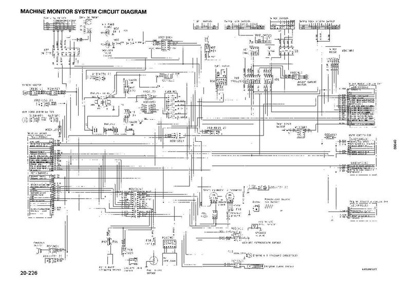 以下が含まれることがあります： 白黒で描かれた、機械監視システムの回路図。多数の相互接続された線、記号、テキストラベルが特徴で、システムのコンポーネントと接続を示しています。「MACHINE MONITOR SYSTEM CIRCUIT DIAGRAM」というタイトルが上部にあります。