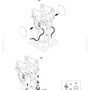 K&ouml;nnte beinhalten: Technische Zeichnung von Komatsu Maschinenteilen, mit einer Hydraulikhammer-Baugruppe. Das Bild zeigt detaillierte Schemata mit Beschriftungen, Pfeilen und Ma&szlig;en, wie z. B. 13 mm. Das Komatsu-Logo befindet sich oben.