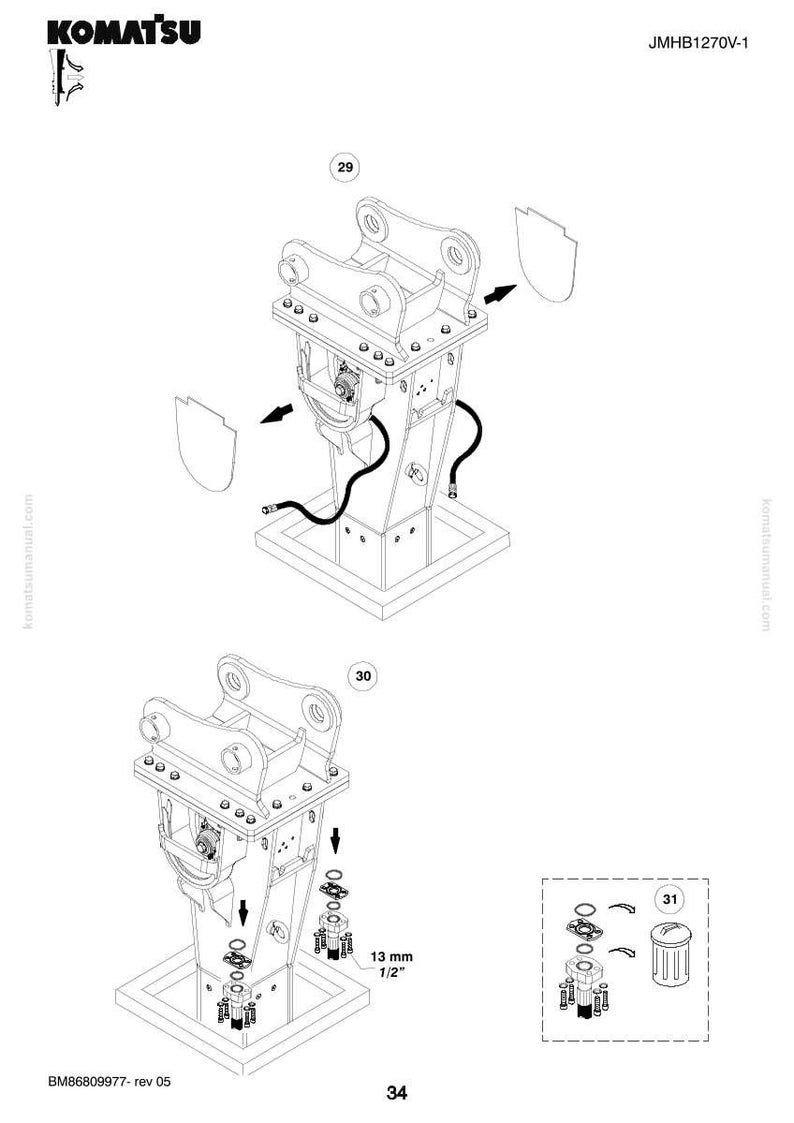 K&ouml;nnte beinhalten: Technische Zeichnung von Komatsu Maschinenteilen, mit einer Hydraulikhammer-Baugruppe. Das Bild zeigt detaillierte Schemata mit Beschriftungen, Pfeilen und Ma&szlig;en, wie z. B. 13 mm. Das Komatsu-Logo befindet sich oben.