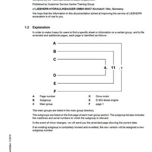 Pu&ograve; includere: Un documento bianco con testo nero, intitolato "Servicemanual" e "Introduction". Include un diagramma con lettere e numeri e testo che spiega la struttura e il contenuto del manuale. Il logo LIEBHERR &egrave; in basso.