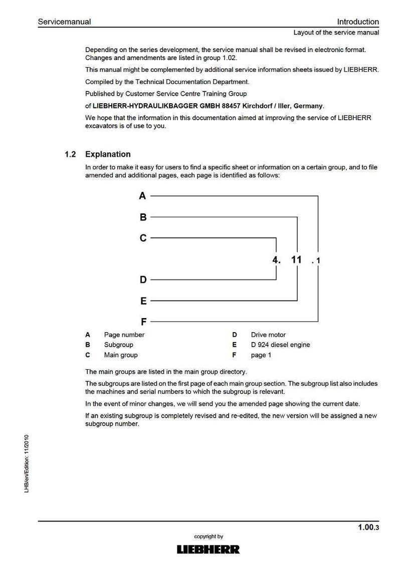 Pu&ograve; includere: Un documento bianco con testo nero, intitolato "Servicemanual" e "Introduction". Include un diagramma con lettere e numeri e testo che spiega la struttura e il contenuto del manuale. Il logo LIEBHERR &egrave; in basso.