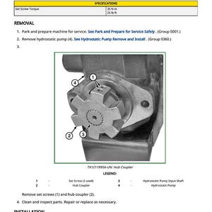 Puede incluir: Diagrama que ilustra la extracci&oacute;n e instalaci&oacute;n de un acoplador de cubo. La imagen incluye una vista detallada del acoplador de cubo con componentes numerados y una leyenda. El texto incluye especificaciones para el par de apriete del tornillo de fijaci&oacute;n.