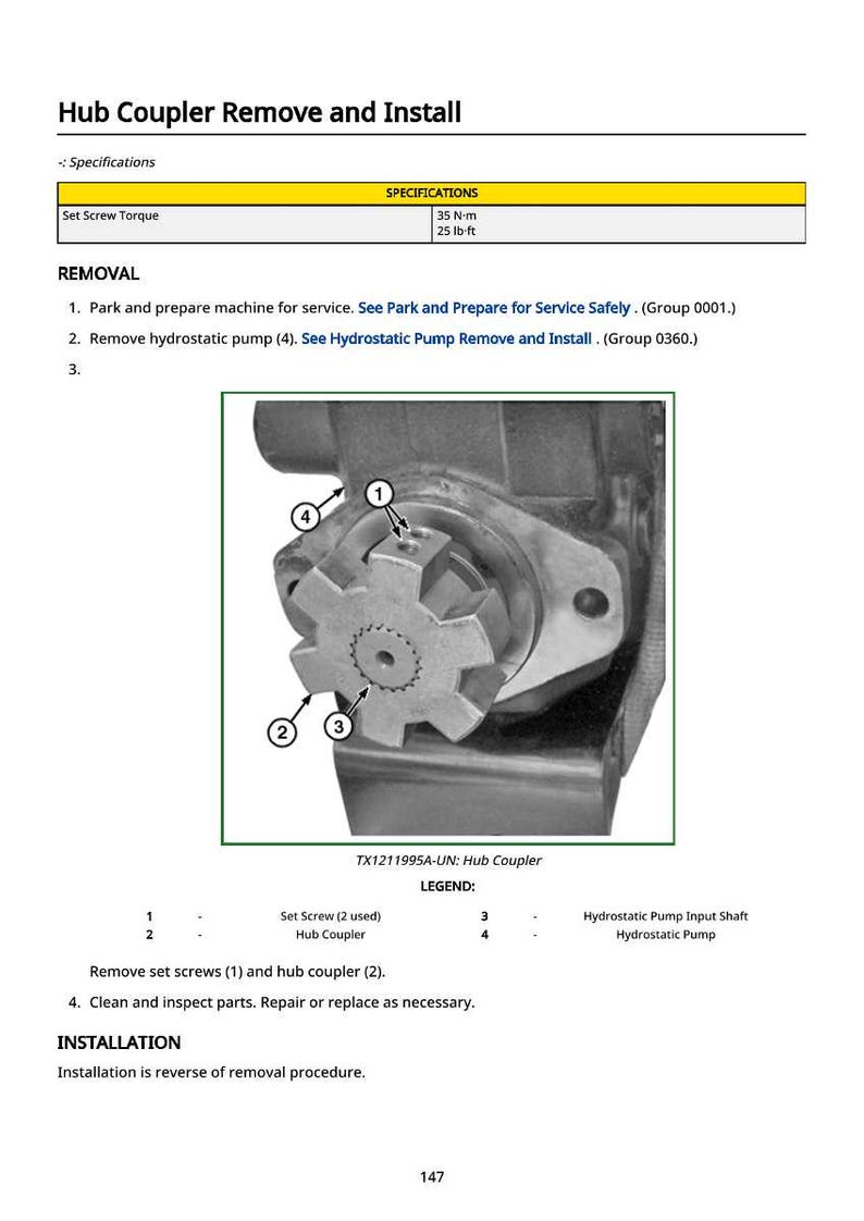 Puede incluir: Diagrama que ilustra la extracci&oacute;n e instalaci&oacute;n de un acoplador de cubo. La imagen incluye una vista detallada del acoplador de cubo con componentes numerados y una leyenda. El texto incluye especificaciones para el par de apriete del tornillo de fijaci&oacute;n.