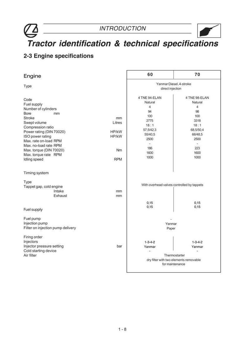 Puede incluir: Documento t&eacute;cnico "Identificaci&oacute;n y especificaciones t&eacute;cnicas del tractor". Detalla las especificaciones del motor para los modelos 60 y 70, incluyendo di&aacute;metro, carrera, cilindrada y potencia en CV/kW. Tambi&eacute;n enumera el suministro de combustible y el sistema de distribuci&oacute;n.