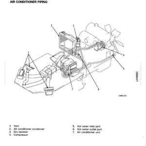 May include: Diagram of an air conditioning system, labeled with parts like the vent, condenser, receiver, and compressor. The image includes the text "Air Conditioner Piping" and "Structure and Function."