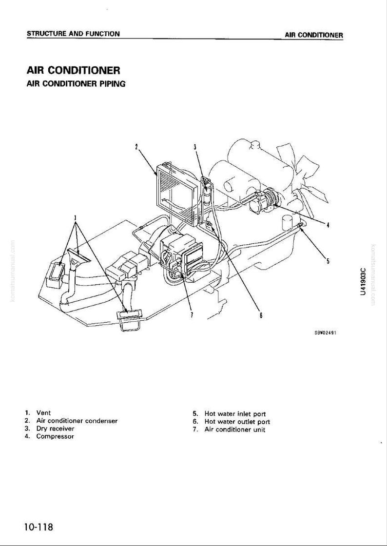 May include: Diagram of an air conditioning system, labeled with parts like the vent, condenser, receiver, and compressor. The image includes the text "Air Conditioner Piping" and "Structure and Function."