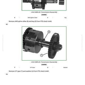 May include: Diagram of transmission disassembly with labeled parts. Includes a shift spline collar, key, 41T gear, and washer. Text indicates the removal of specific components from the PTO clutch shaft. The image is from a greenfermmanuals.com manual.