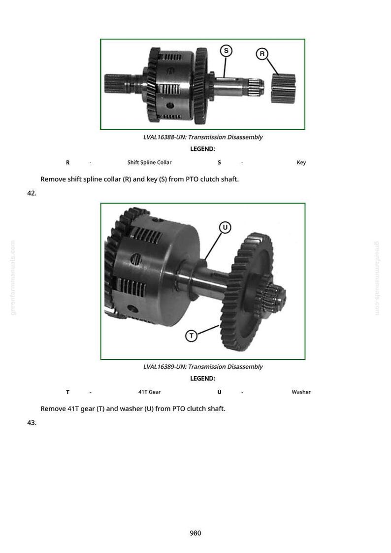 May include: Diagram of transmission disassembly with labeled parts. Includes a shift spline collar, key, 41T gear, and washer. Text indicates the removal of specific components from the PTO clutch shaft. The image is from a greenfermmanuals.com manual.