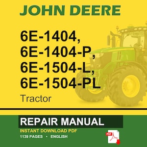 May include: A John Deere tractor repair manual cover. The image features a green and yellow tractor on a yellow background. Text includes "JOHN DEERE", tractor model numbers, and "REPAIR MANUAL". The manual is an instant download PDF with 1139 pages.