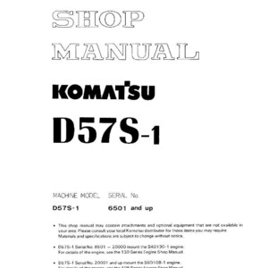 Może przedstawiać: Biała instrukcja warsztatowa z tekstem "SHOP MANUAL" w stylizowanej czcionce. Marka "KOMATSU" jest wyraźnie widoczna, a za nią "D57S-1". Instrukcja zawiera r&oacute;wnież "MACHINE MODEL D57S-1" i "SERIAL No. 6501 and up".