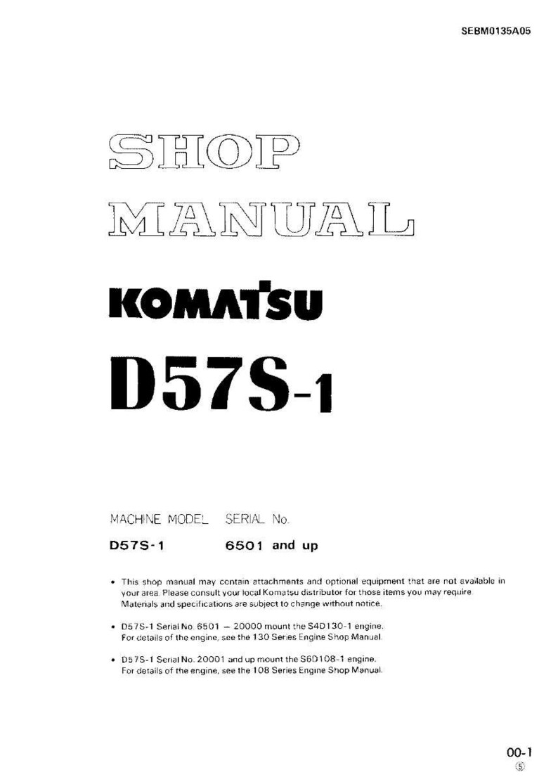 Może przedstawiać: Biała instrukcja warsztatowa z tekstem "SHOP MANUAL" w stylizowanej czcionce. Marka "KOMATSU" jest wyraźnie widoczna, a za nią "D57S-1". Instrukcja zawiera r&oacute;wnież "MACHINE MODEL D57S-1" i "SERIAL No. 6501 and up".