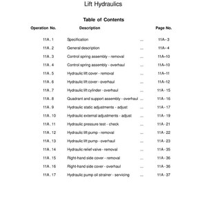 Puede incluir: Una p&aacute;gina de un manual de servicio de taller titulado "Lift Hydraulics". La tabla de contenidos enumera varias operaciones del sistema hidr&aacute;ulico, incluyendo la extracci&oacute;n, revisi&oacute;n y ajustes. El manual es para los modelos MF 2635 (2WD/4WD).