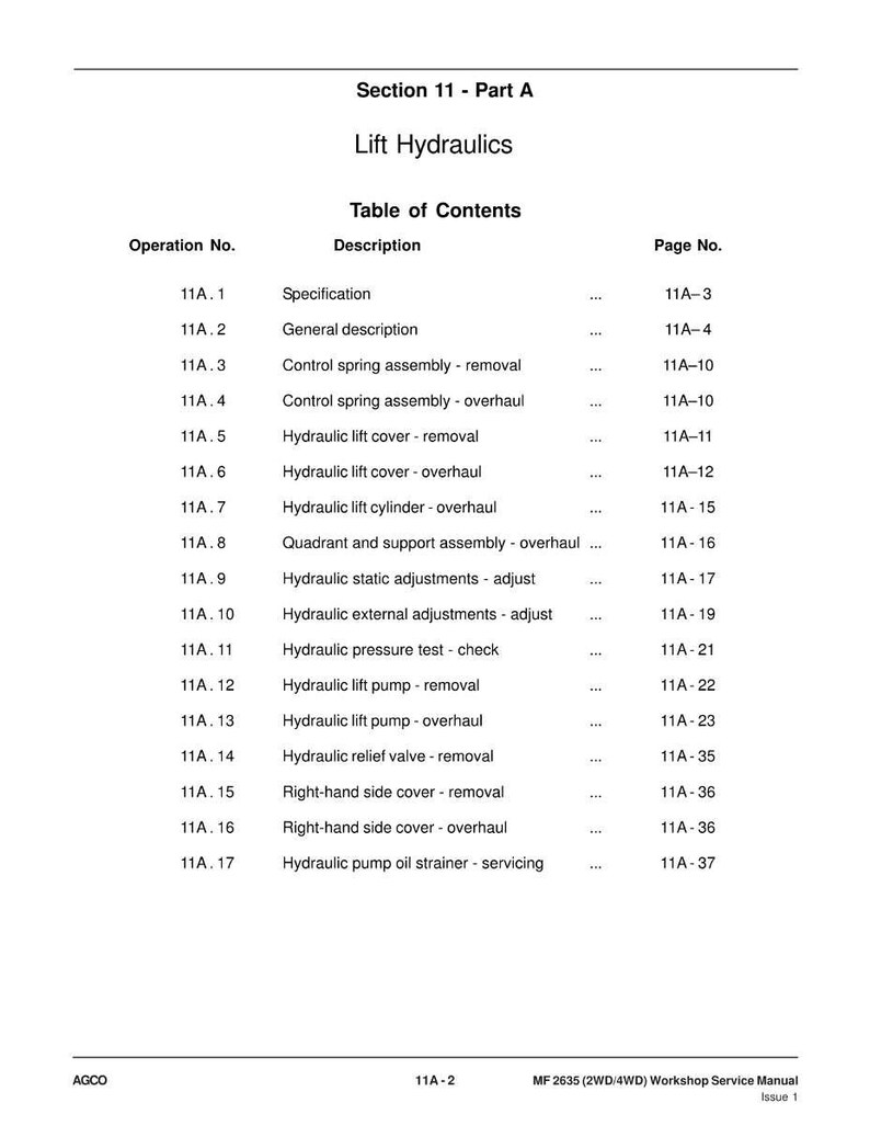 Puede incluir: Una p&aacute;gina de un manual de servicio de taller titulado "Lift Hydraulics". La tabla de contenidos enumera varias operaciones del sistema hidr&aacute;ulico, incluyendo la extracci&oacute;n, revisi&oacute;n y ajustes. El manual es para los modelos MF 2635 (2WD/4WD).