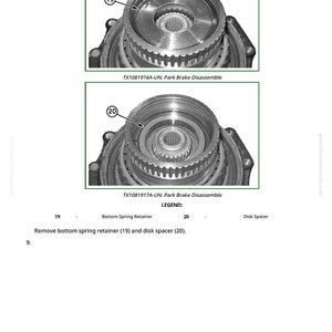 Peut inclure: Deux sch&eacute;mas d&eacute;taill&eacute;s d'un assemblage de frein de stationnement, &eacute;tiquet&eacute;s TX1081916A-UN et TX1081917A-UN, illustrant le d&eacute;montage. Les images mettent en &eacute;vidence le ressort de retenue inf&eacute;rieur (19) et l'entretoise de disque (20). Le texte donne des instructions.