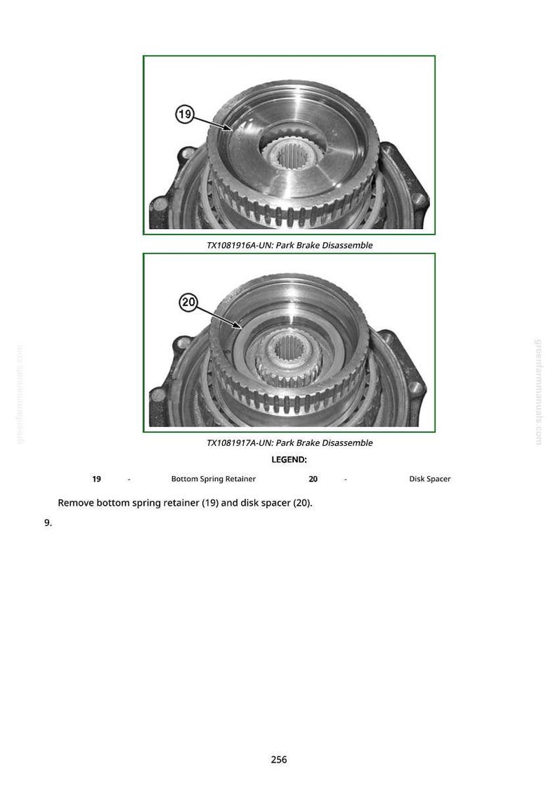 Peut inclure: Deux sch&eacute;mas d&eacute;taill&eacute;s d'un assemblage de frein de stationnement, &eacute;tiquet&eacute;s TX1081916A-UN et TX1081917A-UN, illustrant le d&eacute;montage. Les images mettent en &eacute;vidence le ressort de retenue inf&eacute;rieur (19) et l'entretoise de disque (20). Le texte donne des instructions.