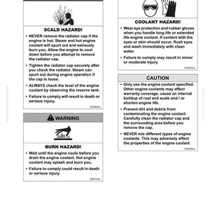 May include: A page from a manual with safety warnings about engine coolant. The warnings include scald hazard, coolant hazard, and burn hazard. The page also includes a caution about using the correct coolant.