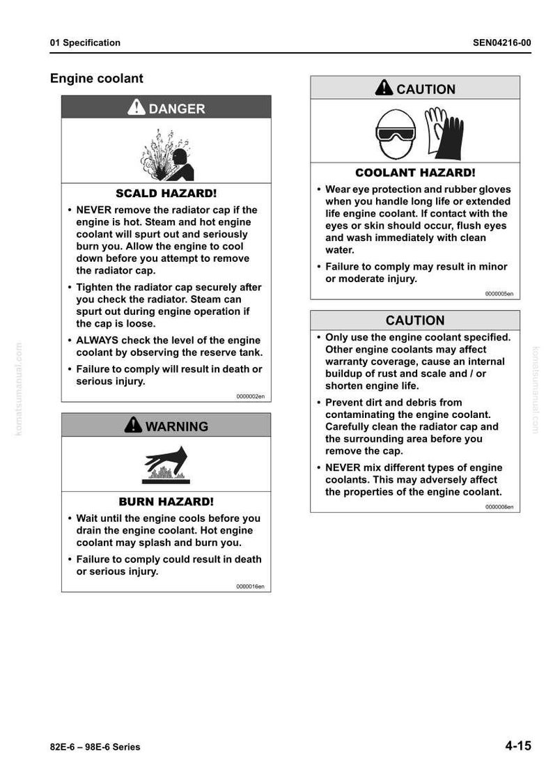 May include: A page from a manual with safety warnings about engine coolant. The warnings include scald hazard, coolant hazard, and burn hazard. The page also includes a caution about using the correct coolant.