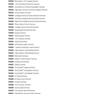 May include: A page from a technician's service book for MF 5700 S series tractors, listing various harnesses. Includes start-up, fuse box, instrument panel, and air conditioning adapter harnesses, among others. The document number is ACT0042890.