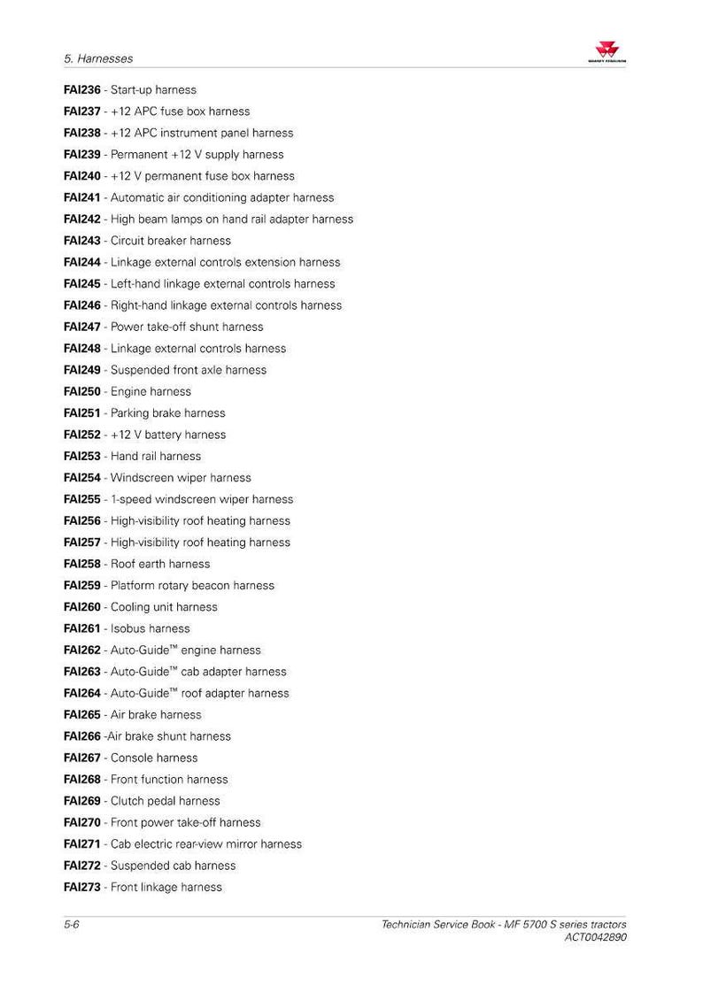 May include: A page from a technician's service book for MF 5700 S series tractors, listing various harnesses. Includes start-up, fuse box, instrument panel, and air conditioning adapter harnesses, among others. The document number is ACT0042890.
