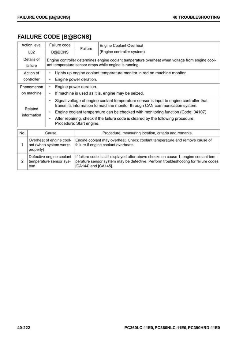May include: A troubleshooting guide for engine coolant overheat, with failure codes and related information. The document includes details on failure causes, procedures, and remarks for diagnosing and resolving engine issues. The text is in black on a white background.