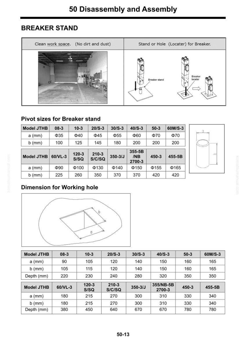 May include: Diagram of a breaker stand with dimensions and specifications. Includes tables detailing pivot sizes and working hole dimensions in millimeters. Text includes "Disassembly and Assembly" and "Breaker Stand".