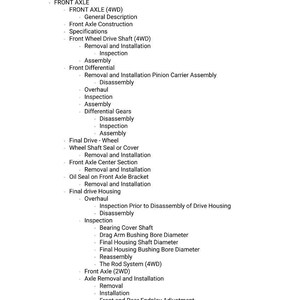 Op de afbeelding: Een technisch document op een witte achtergrond met reparatieprocedures voor een vooras. De tekst omvat secties over verwijdering, installatie en inspectie van verschillende componenten, zoals het voordifferentieel en de wielas.
