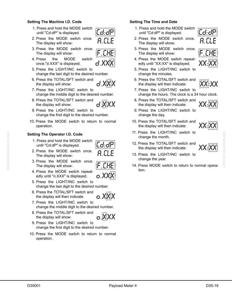 Op de afbeelding: Een pagina uit een handleiding met instructies voor het instellen van de Machine I.D. Code, Operator I.D. Code en Tijd en Datum op een Payload Meter II. De tekst is zwart, met diagrammen.