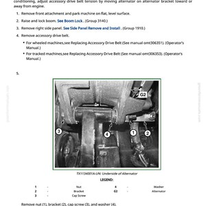 May include: Diagram illustrating the removal and installation of an accessory drive belt tensioner. The image includes a detailed view of the alternator underside, with labeled components such as nuts, brackets, and cap screws. Text provides instructions and part references.