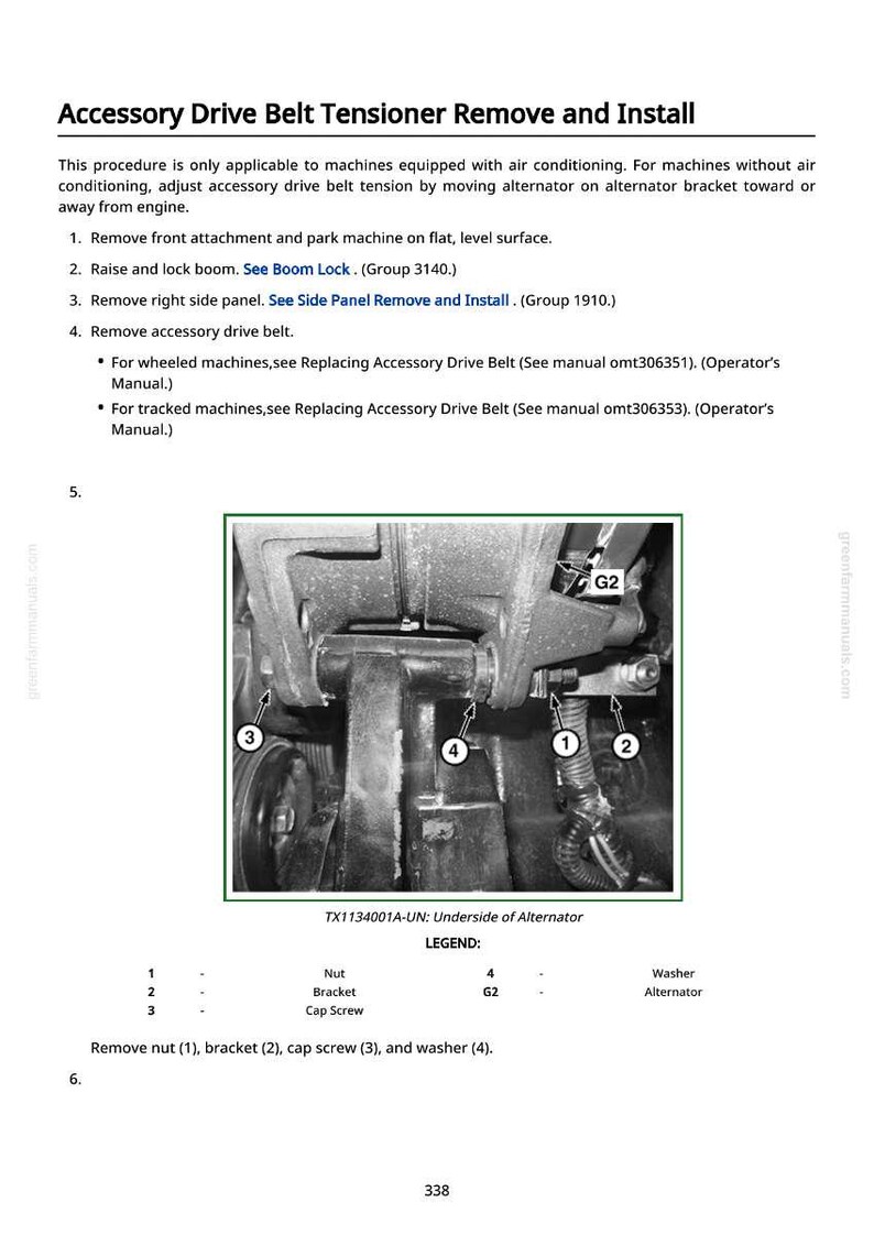 May include: Diagram illustrating the removal and installation of an accessory drive belt tensioner. The image includes a detailed view of the alternator underside, with labeled components such as nuts, brackets, and cap screws. Text provides instructions and part references.