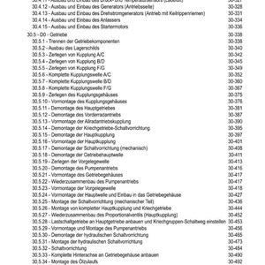 May include: A detailed table of contents in German, listing various mechanical components and procedures with corresponding page numbers. The document covers topics like generators, starters, and gearboxes, providing a comprehensive guide.
