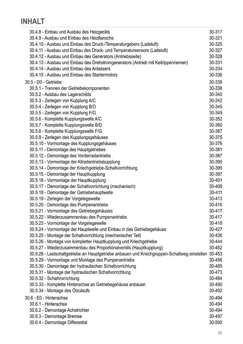 May include: A detailed table of contents in German, listing various mechanical components and procedures with corresponding page numbers. The document covers topics like generators, starters, and gearboxes, providing a comprehensive guide.