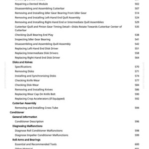 May include: A detailed table of contents from a manual, listing procedures for machinery maintenance and repair. Topics include cutterbar assembly, disk and knife maintenance, and conditioner diagnostics.