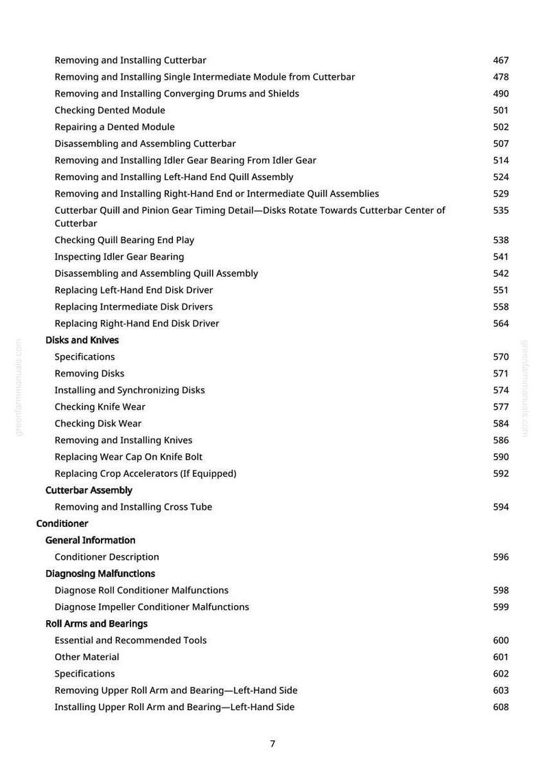 May include: A detailed table of contents from a manual, listing procedures for machinery maintenance and repair. Topics include cutterbar assembly, disk and knife maintenance, and conditioner diagnostics.